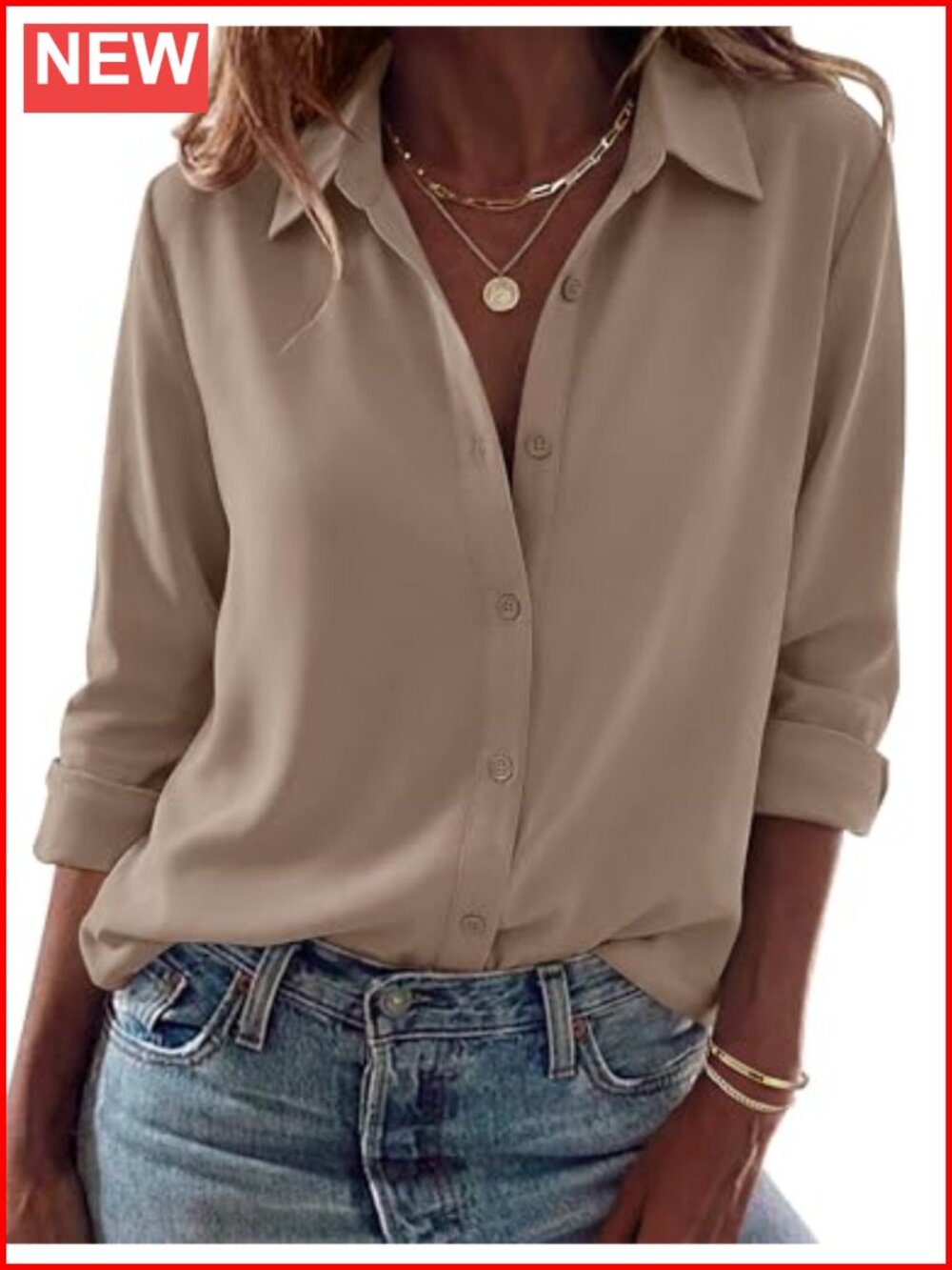 Women's Long Sleeve Button Down Blouse Turn Down Collar Curved Hem Loose Fit
